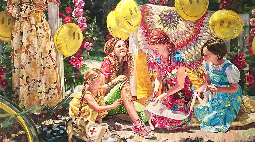 Good Samaritan, oil painting on canvas. Young girls playing "doctor" with quilt hanging in background. Quilt art by Lynde Mott.