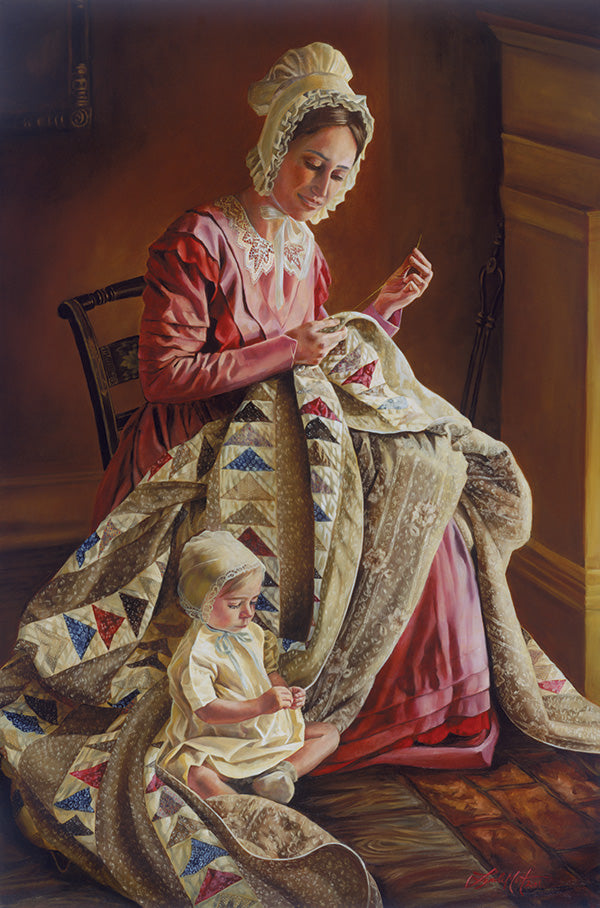 Labor of Love, oil painting on canvas. A little girl nestles in the folds of a quilt. Quilt art by Lynde Mott.