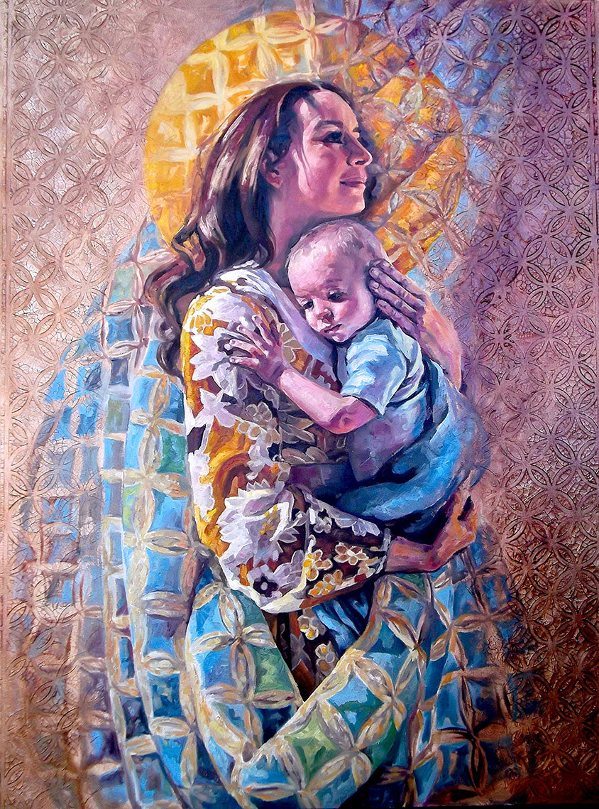 Modern Madonna, oil painting on canvas. Woman holding a baby wrapped in quilt background. Quilt art by Lynde Mott.