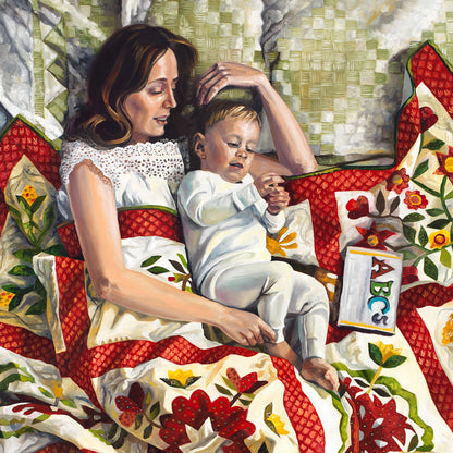 By Small and Simple Things, oil painting on canvas. Mother and toddler son cuddle in bed while wrapped in a blanket. Quilt art by Lynde Mott.