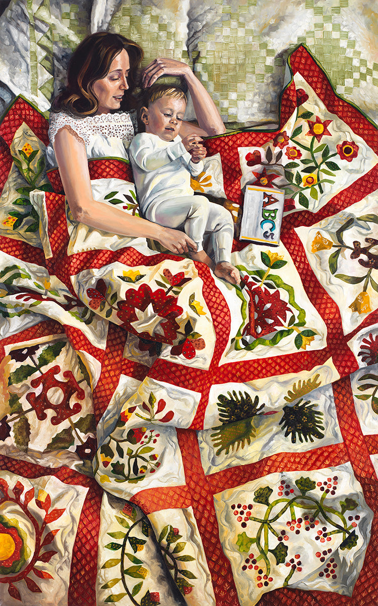 By Small and Simple Things, oil painting on canvas. Mother and toddler son cuddle in bed while wrapped in a blanket. Quilt art by Lynde Mott.