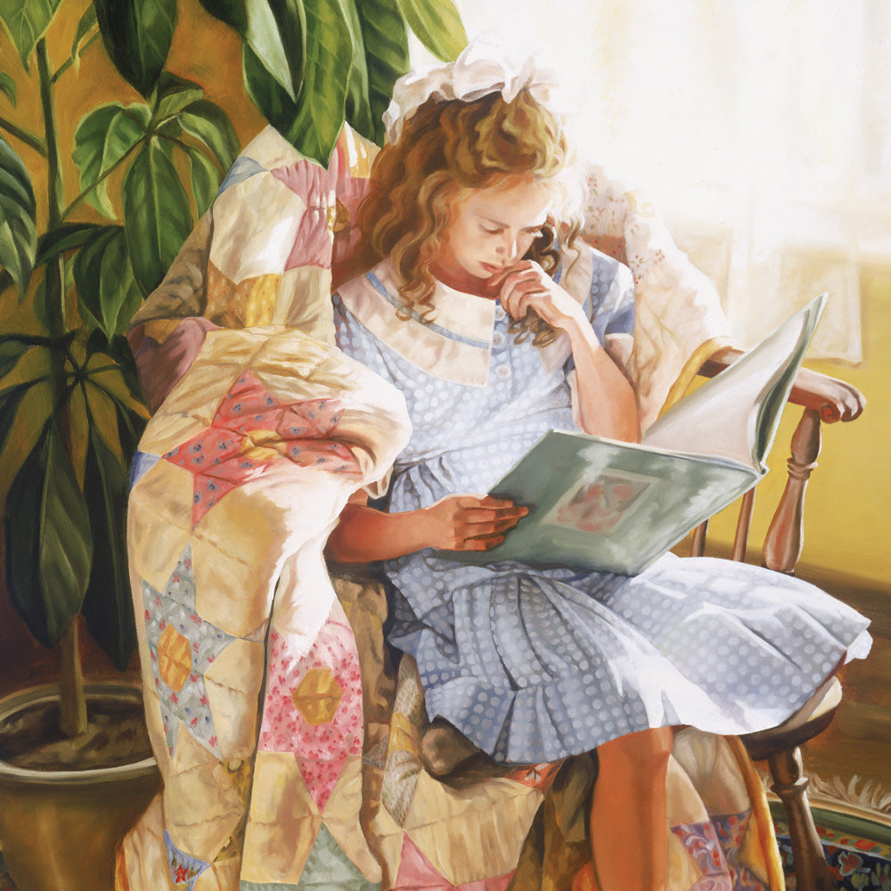 Enlightened Mind, oil painting on canvas. Girl reading book while wrapped in blanket. Quilt art by Lynde Mott.