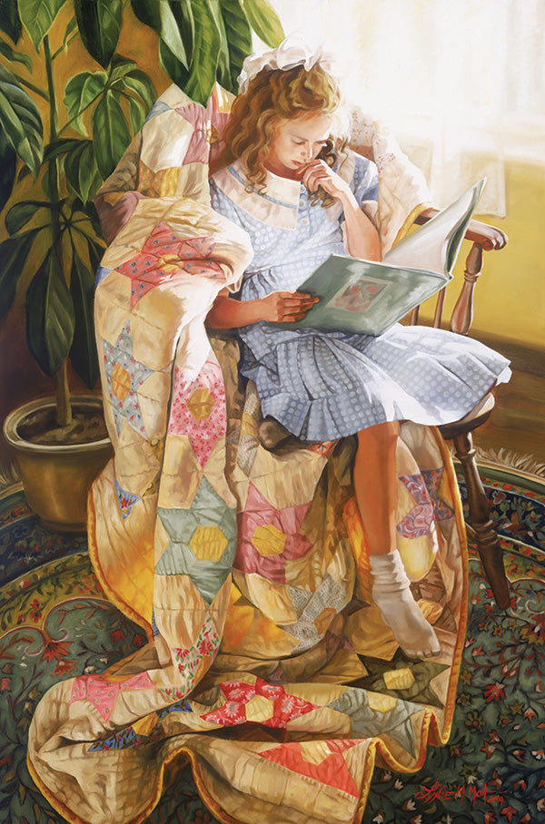 Enlightened Mind, oil painting on canvas. Girl reading book while wrapped in blanket. Quilt art by Lynde Mott.