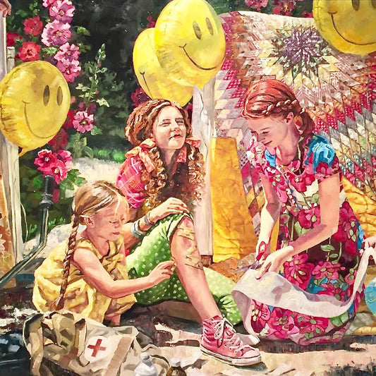 Good Samaritan, oil painting on canvas. Young girls playing "doctor" with quilt hanging in background. Quilt art by Lynde Mott.