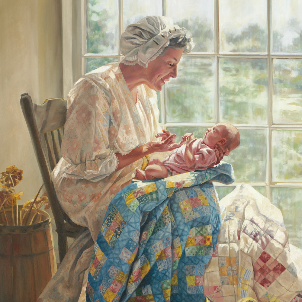 Looking Forward painting. Grandmother holding a baby wrapped in a blanket. Quilt art by Lynde Mott.