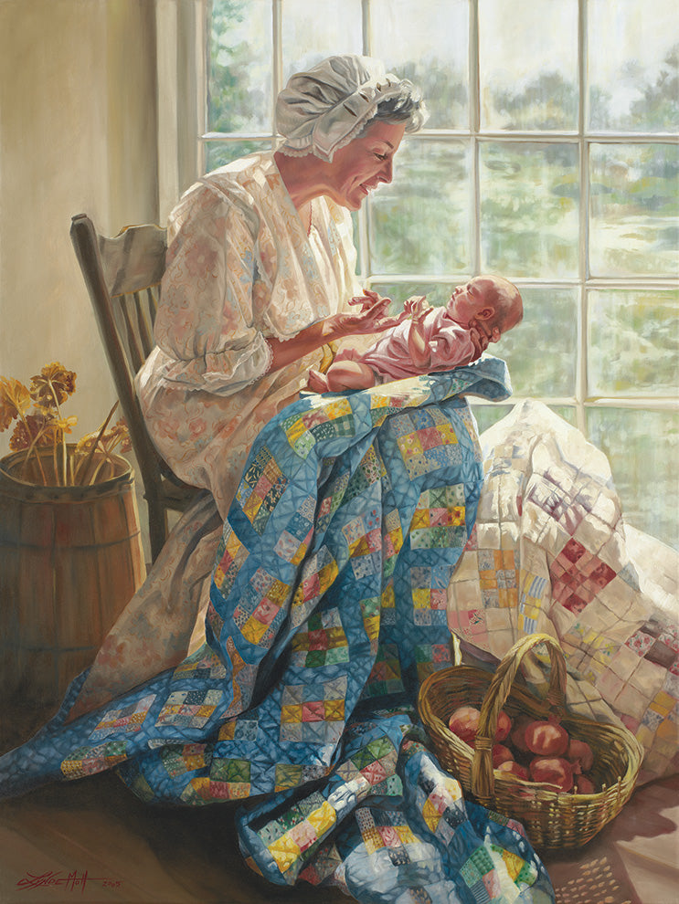 Looking Forward painting. Grandmother holding a baby wrapped in a blanket. Quilt art by Lynde Mott.