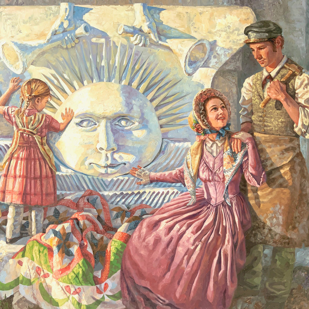 Love and Labor, oil painting on canvas. Stoneworker carves sunstone while family admires his handiwork. Quilt art by Lynde Mott.