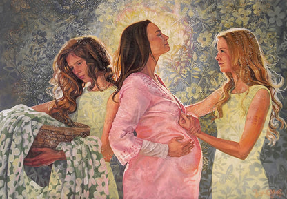 Mary and the Midwives. Oil painting on canvas. Divine Feminine art by Lynde Mott.