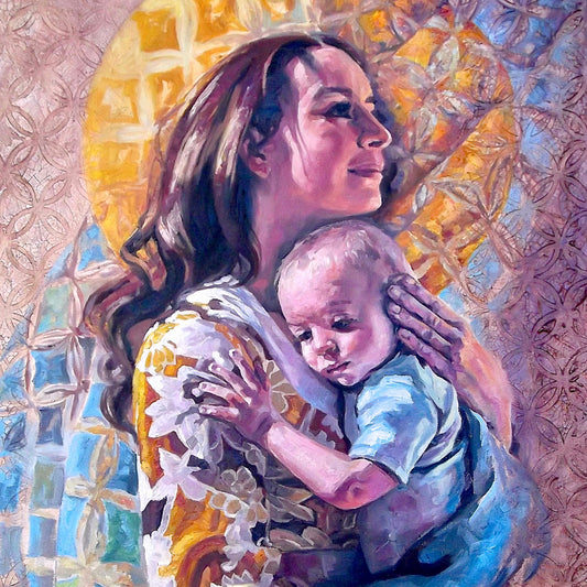 Modern Madonna, oil painting on canvas. Woman holding a baby with quilt background. Quilt art by Lynde Mott.
