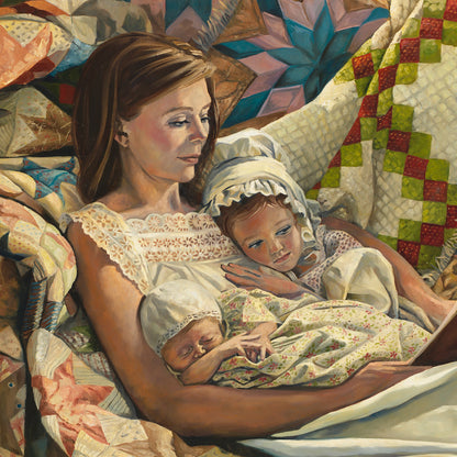 Out Of The Best Books, oil painting on canvas. Quilt Art by Lynde Mott.