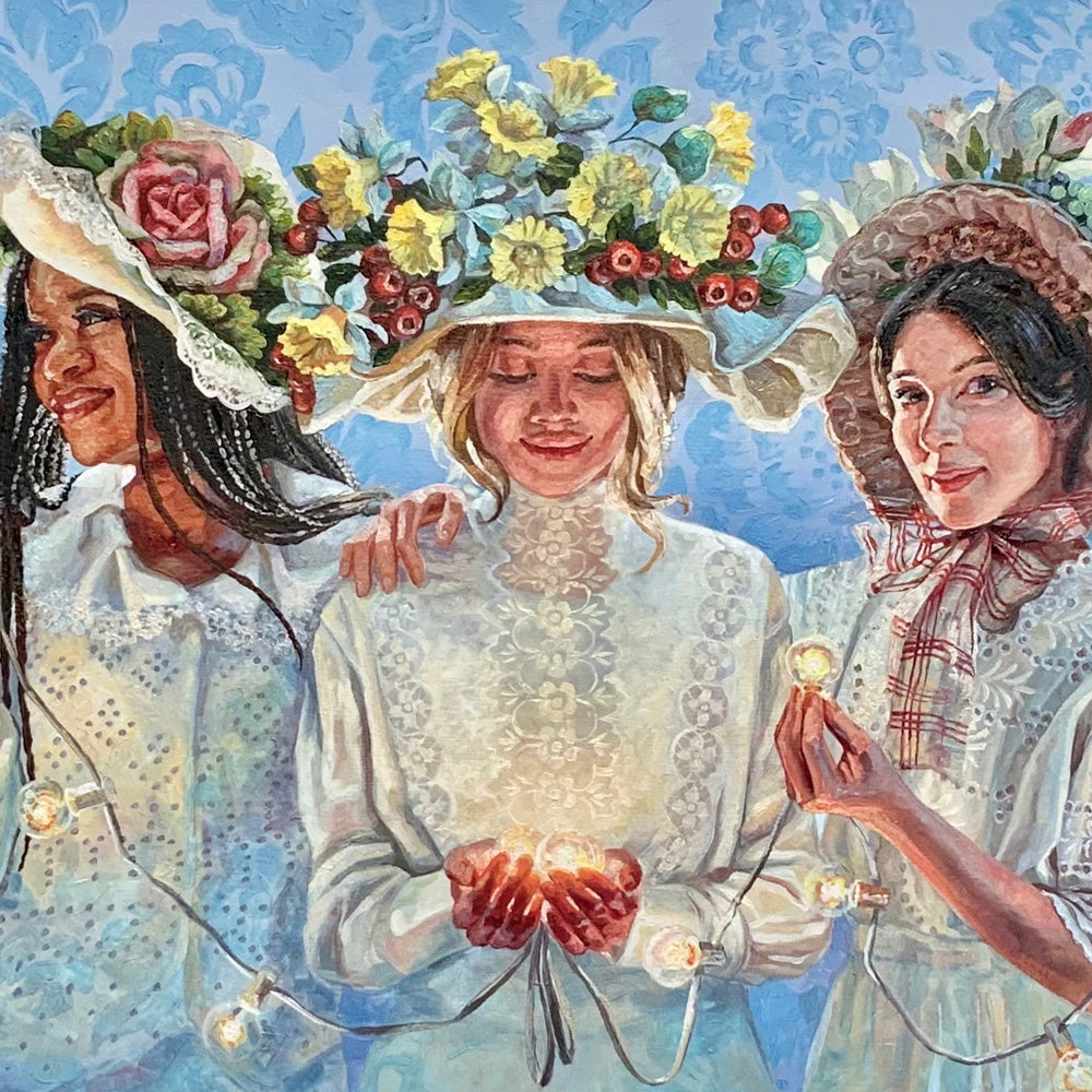 Sharing the Light of Christ. Oil painting on board. Divine Feminine art by Lynde Mott.