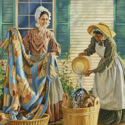 Wash Day, oil painting on canvas. Women smiling and washing blankets outdoors. Quilt art by Lynde Mott.