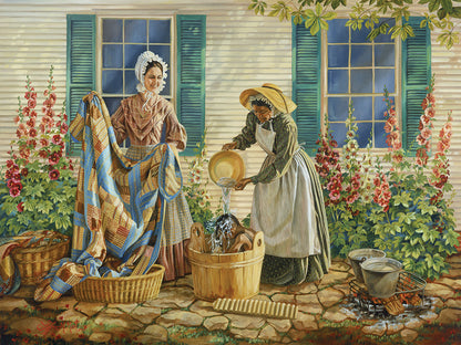 Wash Day, oil painting on canvas. Women smiling and washing blankets outdoors. Quilt art by Lynde Mott.